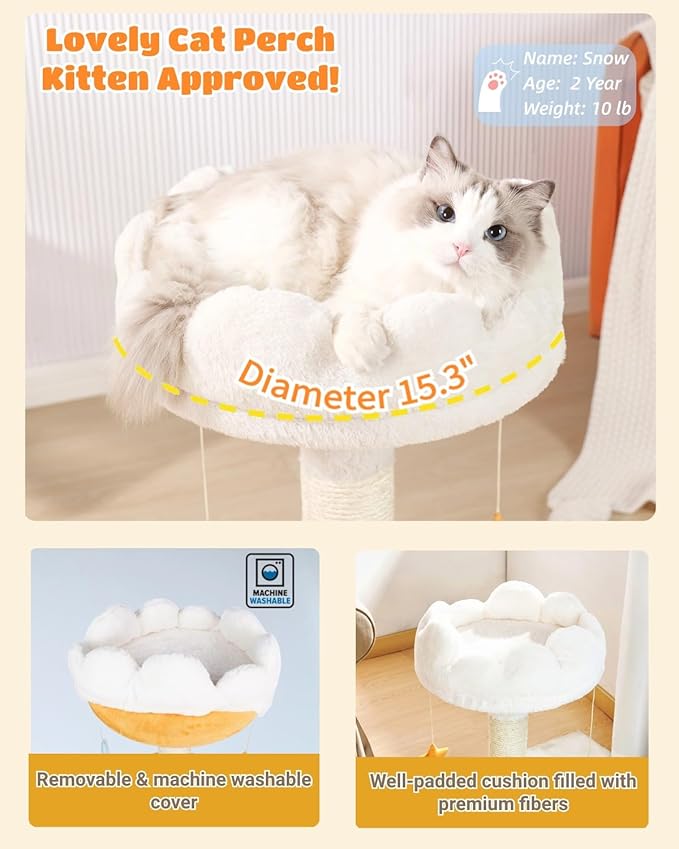Happi N Pets 28" Large Cloud Cat Scratching Post with Bed(Ø15.3in), Cat Tree Tower for Indoor Cats, Tall Scratch Post with Natural Sisal Ropes & Soft Plush Perch, Removable Cover & Enhanced Base