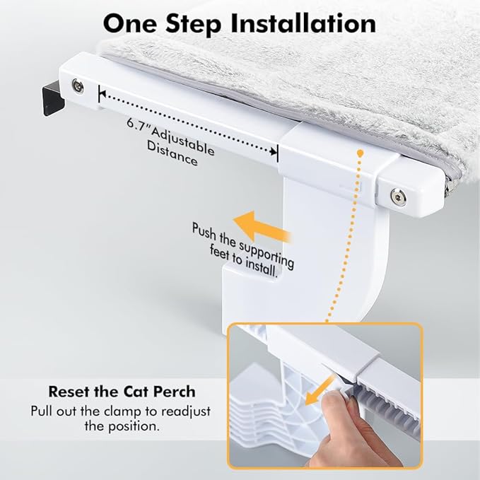Window Sill Mount Cat Perch for Indoor Cats, One-Step Sliding Clamping Slot Adjustment Cat Hammock with Removable Two Fabrics Cover, No Suction Cups Cat Bed for Windowsill & Bedside (XL)
