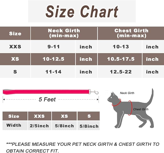 Cat Harness and Leash Set for Walking Escape Proof for Small Large cat Kitten Harness with ID tag Pocket (Pink,XXS)