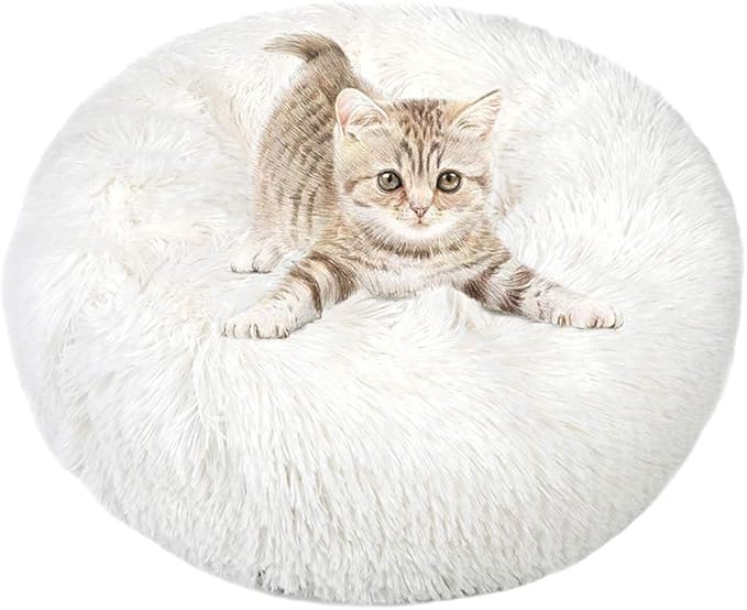 otoez Round Donut Dog Bed for Small Dogs, Washable Calming Dog Bed Cuddler Anti Anxiety Fluffy Dog Cat Bed with Non-Slip Waterproof Bottom (23.6", White)