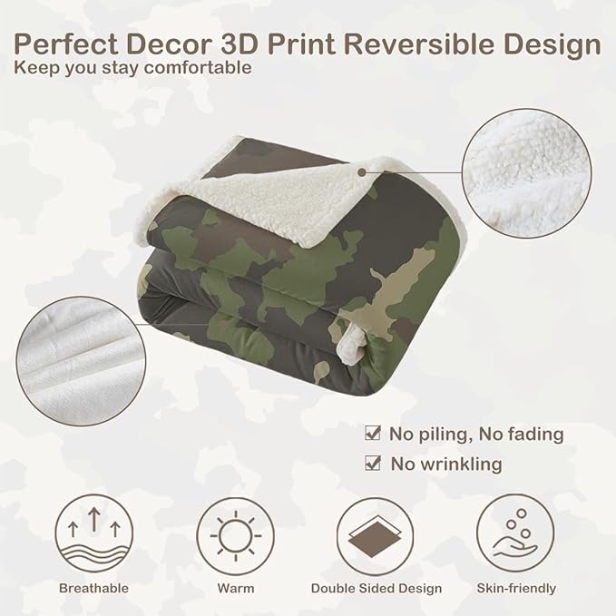 Sleepwish Military Khaki Camo Fleece Throw Blanket for Kids Boys Soft Army Camouflage Sherpa Blanket for Couch Chair Bed, Queen (90" X 90")