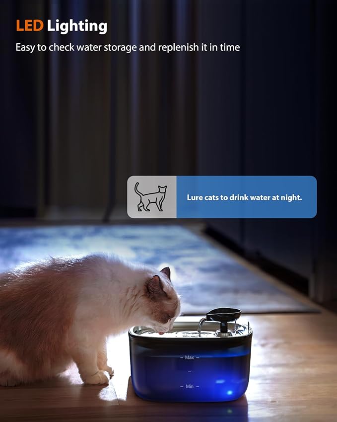 Stouchi Cat Water Fountain 85oz/2.5L, Stainless Steel Pet Water Fountain for Cats Dogs Inside with Led Light, Ultra-Quiet Cat Water Dispenser Bowl, Cat Waterer Fountain for Multiple Pets, Black