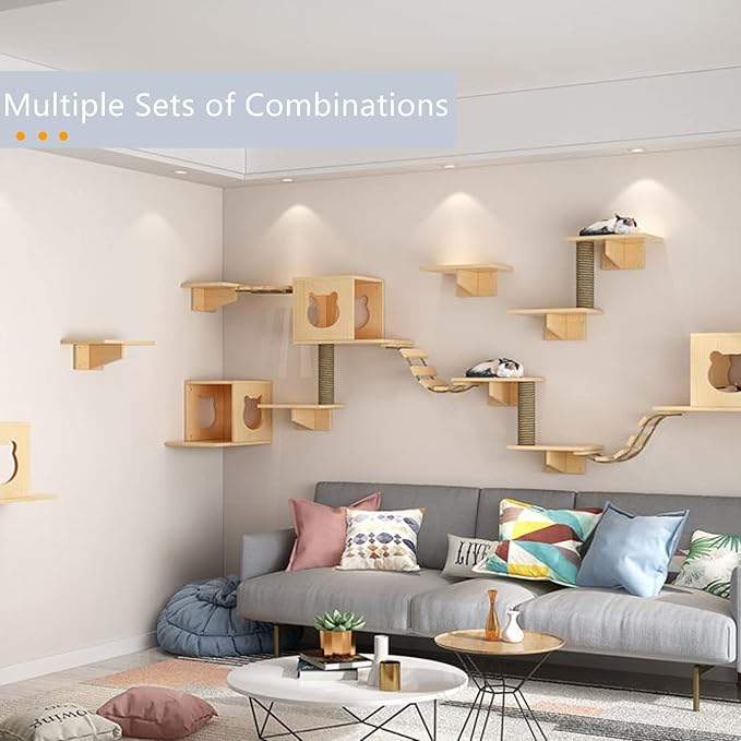 Cat Wall Shelves, 3 Levels Cat Furniture with 1 Condo, 2 Shelves, 1 Scratching Post, 1 Bridge Ladder, Pine Wood