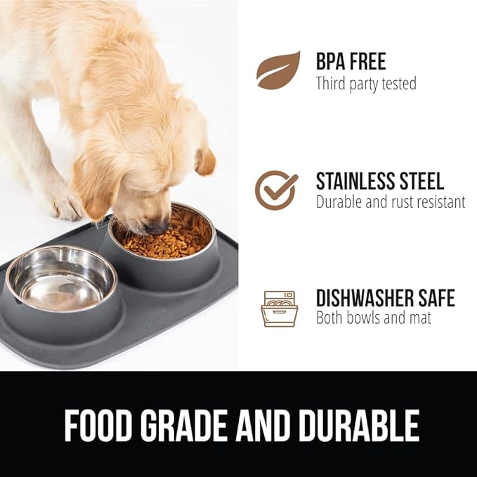 GORILLA GRIP 100% Waterproof BPA Free Cat and Dog Bowls Silicone Feeding Mat Set, Stainless Steel Bowl Slip Resistant Raised Edges, Catch Water, Food Mess, No Spills, Pet Accessories, 1 Cup, Gray