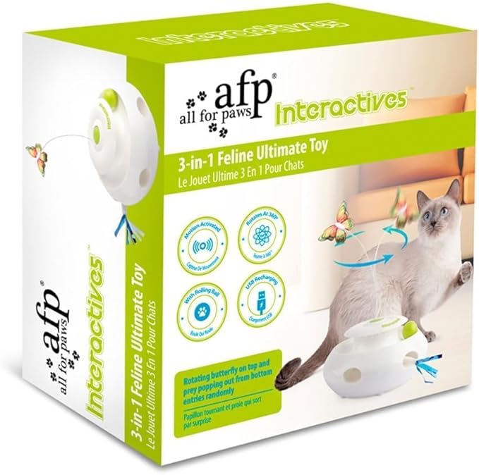 ALL FOR PAWS 3 in 1 Interactive Cat Butterfly Flutter Toy with Rolling Balls, Poping Feather Toy Automatic Kitten Spinner Toys Mental Stimulation for Indoor Cats, USB Rechargeable Kitty Toys