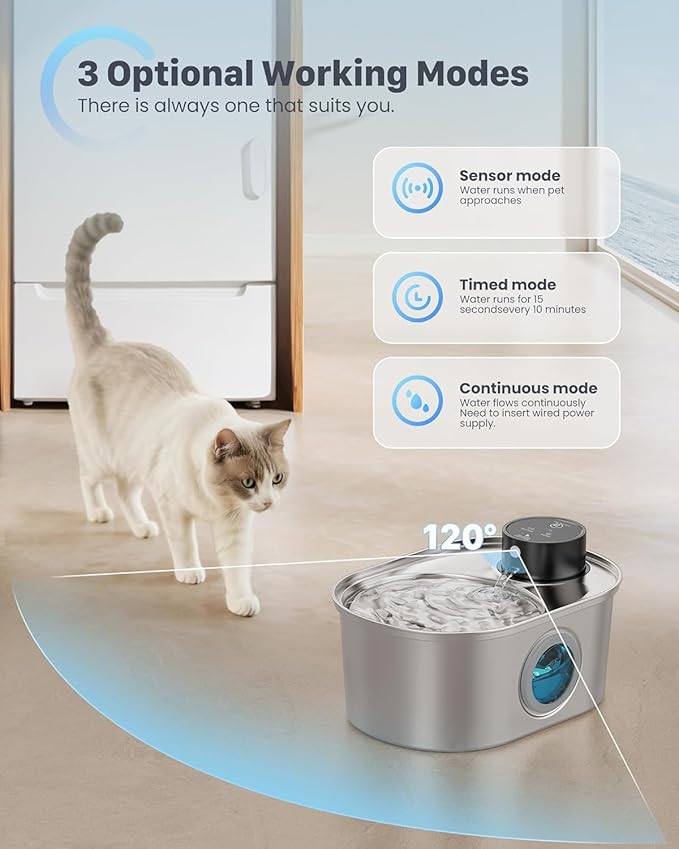 Wireless Cat Water Fountain: Battery Operated Stainless Steel Pet Fountain, Automatic Cordless Water Dispenser Indoor, Metal Faucet Bottle for Drinking, Rechargeable Dog Water Bowl with 1 Filter