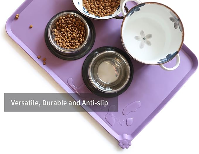 Hoki Found Large Silicone Pet Food Mats Tray with Higher Lips - Non Slip Pet Dog Cat Bowl Mats Placemat - Dog Pet Cat Feeding Mat - Waterproof Dog Cat Food Mats -Pet Water Mats for Floors -Amethyst