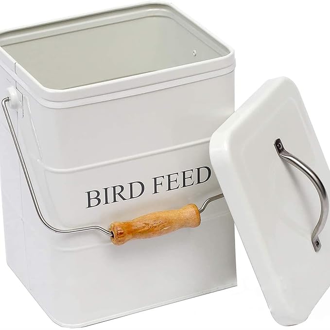 DEAYOU Metal Bird Seed Container with Scoop, Treats Storage Bin, Coated Carbon Steel, Tight Fitting Lid, White