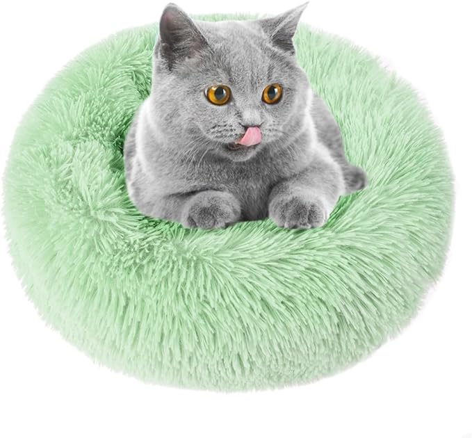 otoez Round Donut Dog Bed for Small Dogs, Washable Calming Dog Bed Cuddler Anti Anxiety Fluffy Dog Cat Bed with Non-Slip Waterproof Bottom (23.6", Green)