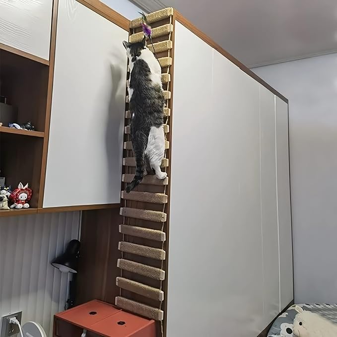 Cat Suspension Bridge,Natural Pine Solid Wood Cat Bridge,Wall Mounted Cat Furniture,Cat Climber Shelves Kitten Hammock,Cat Tree Indoor Hanging Cat Beds(Jute Rope Cat Bridge)