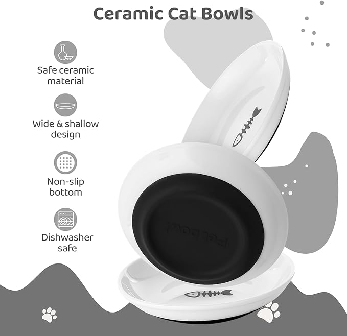 Dorakitten Ceramic Cat Bowls - 10 Pack, No Whisker Fatigue Wide Shallow Cat Dishes with Non-Slip Silicone Bottom, Pet Food & Water Plates, 15cm Diameter