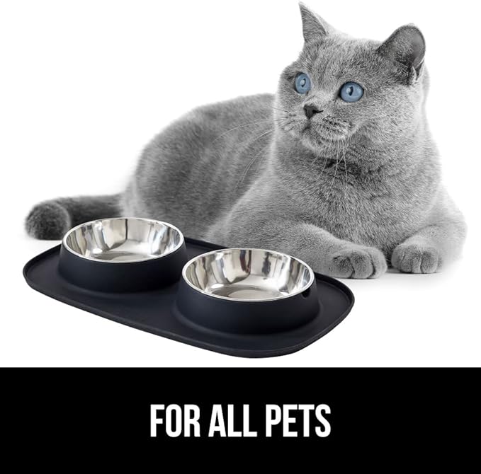 GORILLA GRIP 100% Waterproof BPA Free Cat and Dog Bowls Silicone Feeding Mat Set, Stainless Steel Bowl Slip Resistant Raised Edges, Catch Water, Food Mess, No Spills, Pet Accessories, 3 Cup, Black