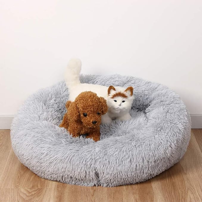 otoez Round Donut Dog Bed for Medium Dogs, Washable Calming Dog Bed Cuddler Anti Anxiety Fluffy Dog Cat Bed with Non-Slip Waterproof Bottom (31.5", Light Grey)