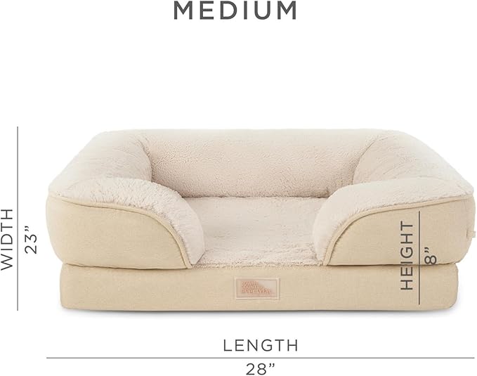 TOWN & COUNTRY EVERYDAY CuddleTown Comfy Solid Bolster Sofa Pet Bed, Supportive & Calming Egg Crate Foam, Water Repellent, Non-Slip Bottom, Machine Washable Cover, Beige, Medium 28"x23"x8"
