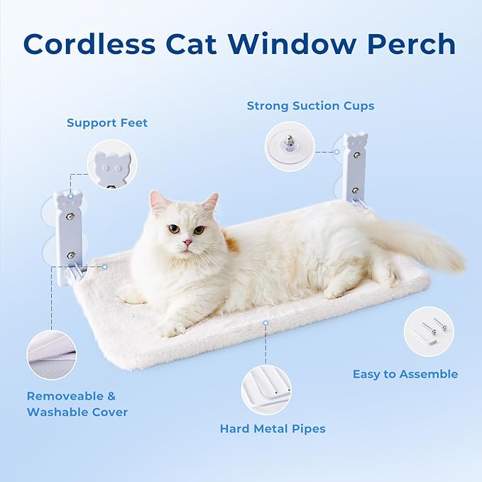 Cat Window Perch for Cats Inside, Foldable Cat Window Hammock for Large Cats Indoor with 4 Suction Cups, Sturdy Metal Frame, Large, White