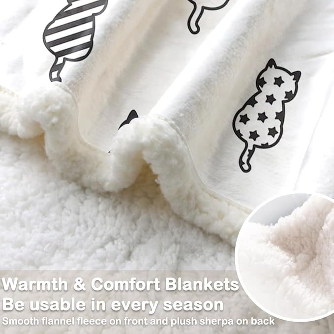 Sleepwish Black White Cat Sherpa Blanket Polka Dot Star Paw Prints Fleece Throw Blanket for Kids Girls Napping Blanket for Cat Lovers, King(108"x90")