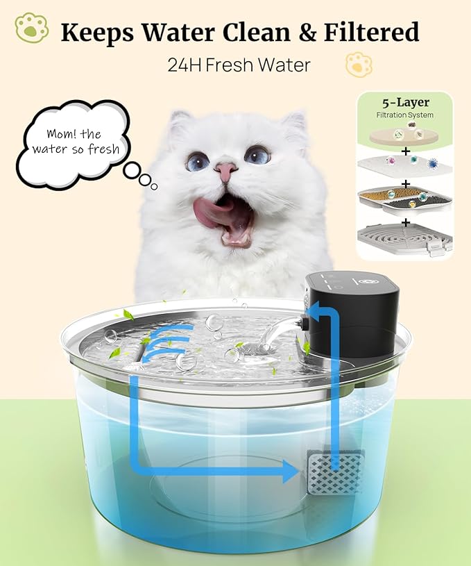Wireless Cat Water Fountain Stainless Steel, 2025 Upgraded New Sensor - 3 Work Modes, 6000mAh Battery Operated Cat Water Fountain Cordless, Pet Water Dispenser for Cats Dogs Indoor - 108oz/3.2L