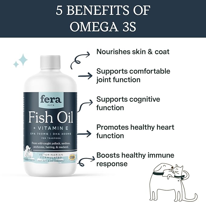 Fera Pet Organics Omega 3 Fish Oil with Vitamin E for Dogs & Cats, Vet Created Supplement to Boost Immune System, Support Brain Function, Nourish Skin and Coat of Pets, 8 Oz, 48 Servings