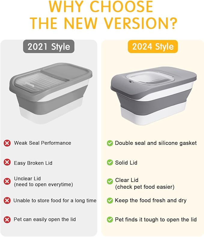 10-13 Lbs Cat Food Container,Collapsible Cat Food Storage with Airtight Lid,Silicone Pet Bowl and Cat Food Scoop,Pet Food Storage containers Dry Food for Pets, Rice (Grey 13lbs 02)