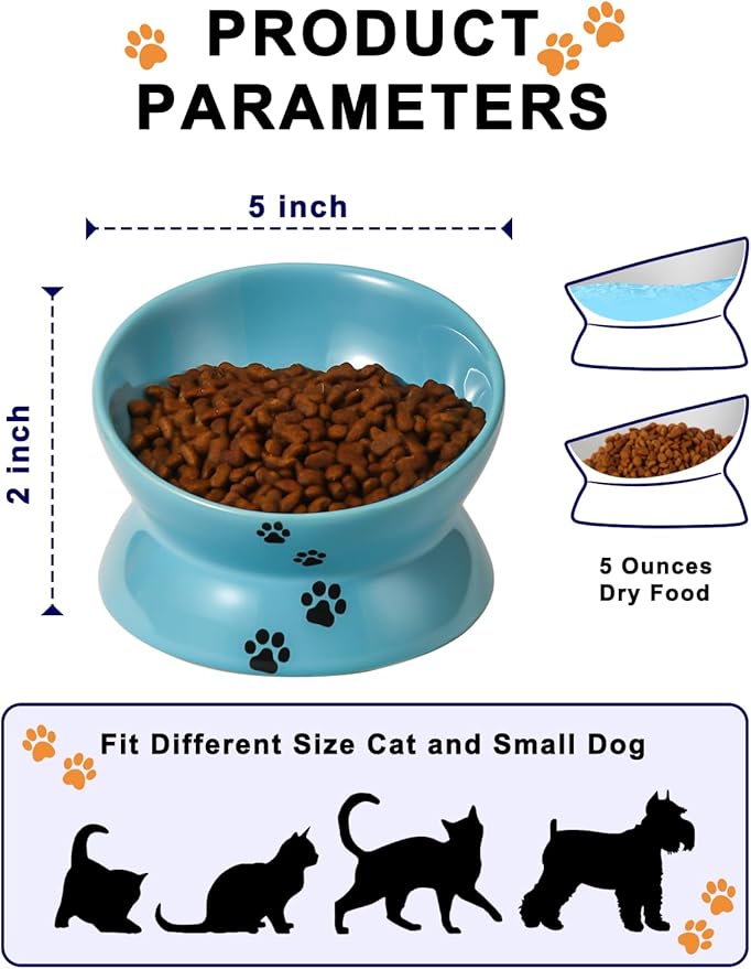 Y YHY Elevated Cat Food Bowl, Ceramic Raised Cat Bowl, Tilt Angle Protect Cat's Spine, Anti Vomiting Cat Dish, Backflow Prevention, Lake Blue