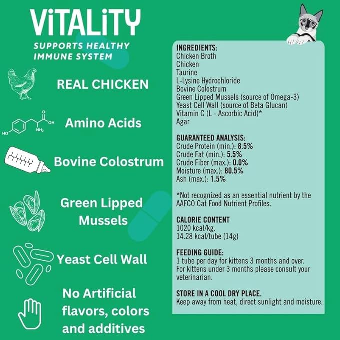 Vitality- Lickable Cat Treat Pouches for Indoor Cats - All Natural Chicken Puree Tube Treats - Kitten and Senior Soft Wet Cat Food - Grain Free, Lysine, Taurine; 12 Tubes .05 oz ea.