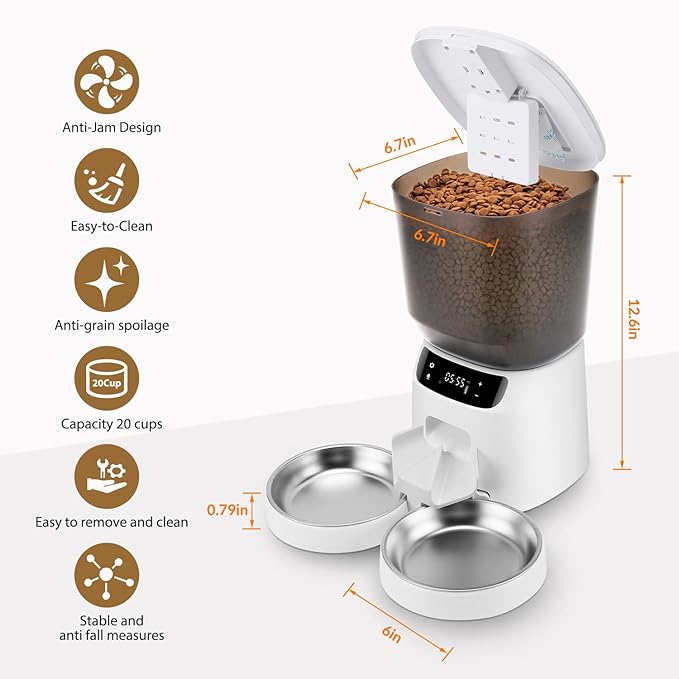 Automatic Cat Feeders for Two Cats, 5L/20 Cups Double Automatic Cat Food Dispenser with 2 Stainless Bowls, Timer Setting 20 Portions 6 Meals Per Day, 10s Meal Call, Pet Feeder for Cat