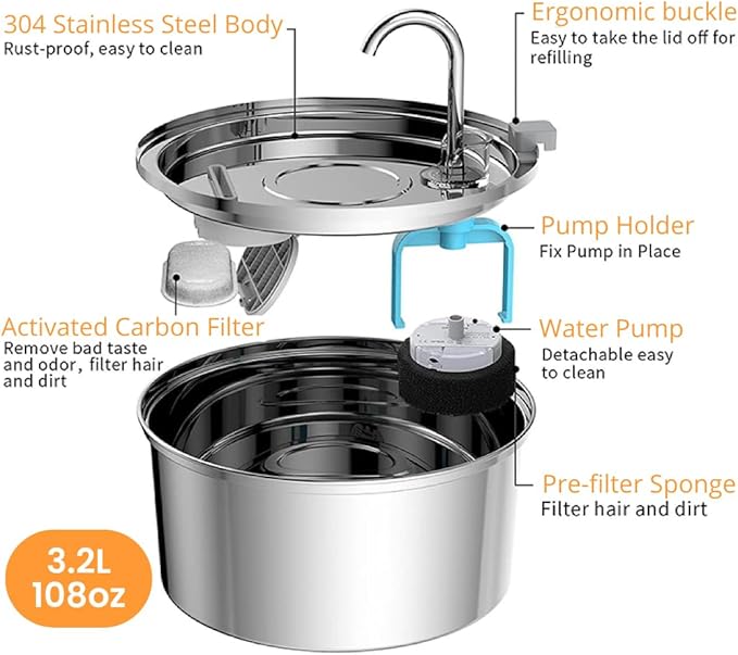 The KittySpout Stainless Steel Cat Water Fountain, 3.2L/108oz