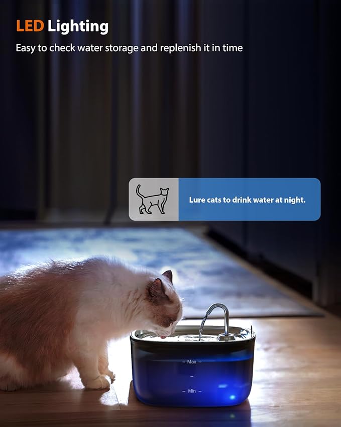 Stouchi Cat Water Fountain 85oz/2.5L, Stainless Steel Faucet Pet Water Fountain for Cats Inside with Led Light, Automatic Cat Water Dispenser Bowl, Cat Waterer Fountain for Multiple Pets, Black