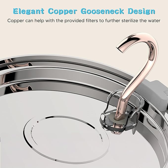 Tomxcute Cat Water Fountain - 4.0L/135oz Gooseneck Copper Faucet Design Cat Fountain for Drinking - Large Capacity Stainless Steel Cat Water Fountain - Comes with 3 Replacement Filters