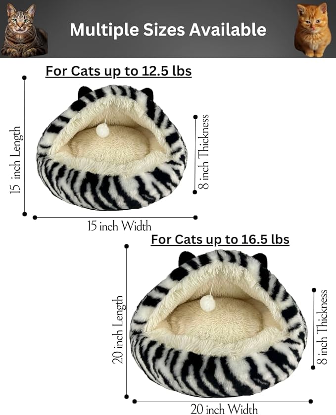Hooded Plush Cat Bed Cave, Comfy for Indoor Cats, Calming Soft Faux Fur, Anti-Anxiety Plush Hooded Cat Cave with Fluffy Hanging Ball, Washable Anti-Slip, Playful Cat Bed(Black/White, S)