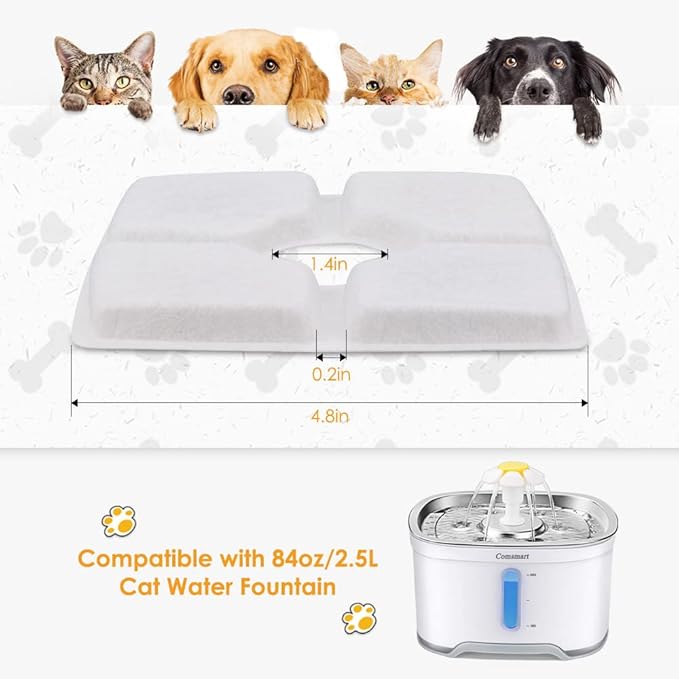 Comsmart Pet Fountain Filter Set, 3 Triple Filtration System Replacement Cat Water Fountain Filters for Square 84oz/2.5L Automatic Pet Fountain Cat Water Fountain (Pack of 8)