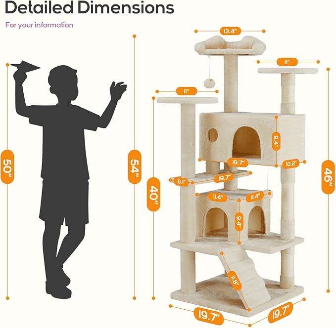 Cat Tree, 54-Inch Cat Tower for Indoor Cats with Sisal Scratching Post, Cat Play House, Large Kitty Condo, Plush Multi-Level with Climbing Ladder