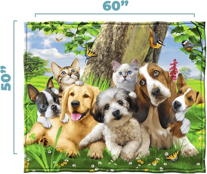 Dawhud Direct Selfie Kitten and Puppy Fleece Blanket - Queen Size Super Soft Plush Cat and Dog Throw Blanket, Cat and Dog Bed Blanket - 50" x 60"