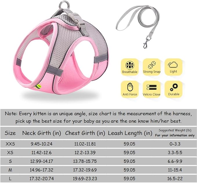 Cat Harness and Leash Set Soft Adjustable Escape Proof Cat Leash Breathable Comfortable Vest Easy to Wear Kitten/Small Dogs Harness for Outdoor Walking Pink XXS