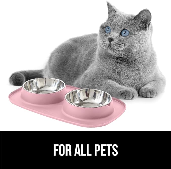 GORILLA GRIP 100% Waterproof BPA Free Cat and Dog Bowls Silicone Feeding Mat Set, Stainless Steel Bowl Slip Resistant Raised Edges, Catch Water, Food Mess, No Spills, Pet Accessories, 2 Cup, Pink