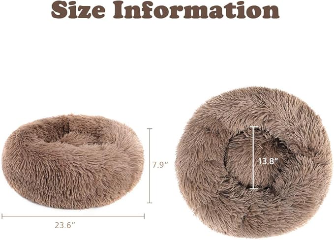 otoez Round Donut Dog Bed for Small Dogs, Washable Calming Dog Bed Cuddler Anti Anxiety Fluffy Dog Cat Bed with Non-Slip Waterproof Bottom (23.6", Khaki)