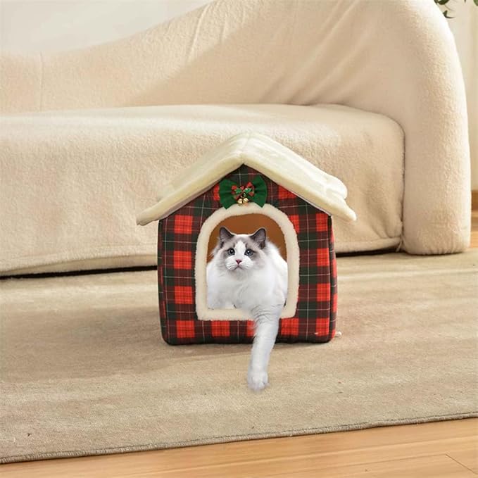 Christmas Cat Bed for Indoor Cats Plaid Christmas Cat Tent Cat Bed Cave for Pets Cats and Dogs (S(15.7 X 12.6 X 13.8 Inch))