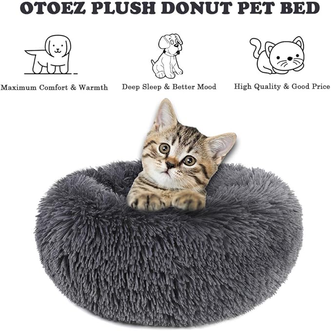 otoez Kitten Puppy Bed Extra Small XS Round Dog Cat Beds Anti Anxiety Plush Pet Calming Donut Bed with Non-Slip Waterproof Bottom, Washable (15.7", Dark Grey)