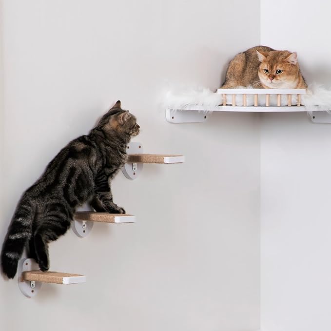 3pcs Cat Wall Steps, Cat Climbing Wall Mounted Cat Furniture, Cat Wall Shelves Cat Steps for Wall with Hemp Rope Covered, Solid Wood Cat Ladder for Cats Playing and Climbing (Standard-White)