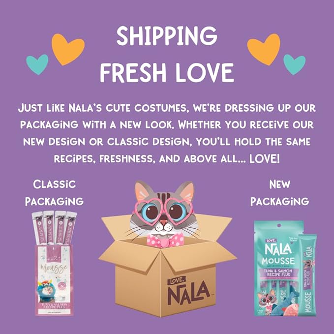 LOVE, NALA -Brain & Heart Health - Tuna Plus Omega 3 Mousse - Wet Food Cat Puree - Lickable Cat Squeeze Up Treat, Topper - Grain Free, Fiber, Minerals, Vitamins - 4 Pack 2 oz.