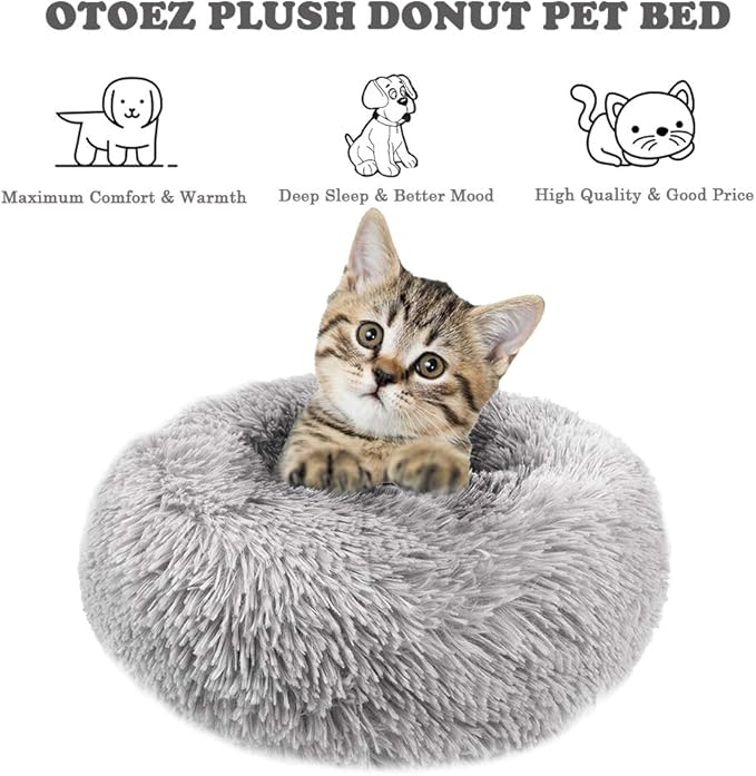 otoez Round Donut Dog Bed for Small Dogs, Washable Calming Dog Bed Cuddler Anti Anxiety Fluffy Dog Cat Bed with Non-Slip Waterproof Bottom (23.6", Light Grey)
