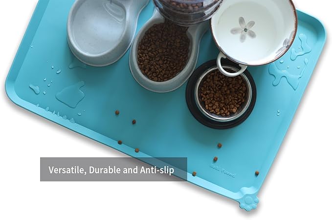 Hoki Found X-Large Silicone Pet Food Mats Tray - Non Slip Pet Dog Cat Bowl Mats Placemat - Dog Pet Cat Feeding Mat - Waterproof Dog Cat Food Mats -Pet Water Mats for Carpet - Glacier