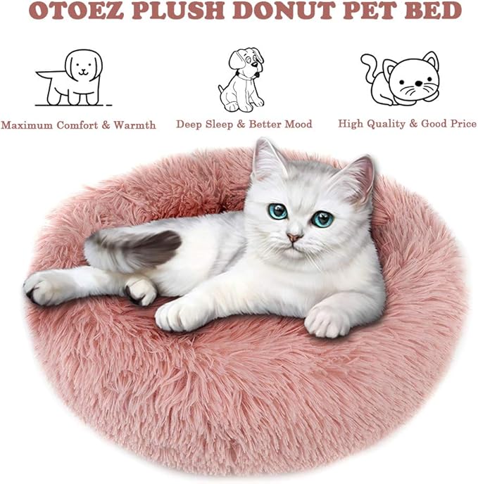 otoez Round Donut Dog Bed for Medium Dogs, Washable Calming Dog Bed Cuddler Anti Anxiety Fluffy Dog Cat Bed with Non-Slip Waterproof Bottom (27.6", Pink)