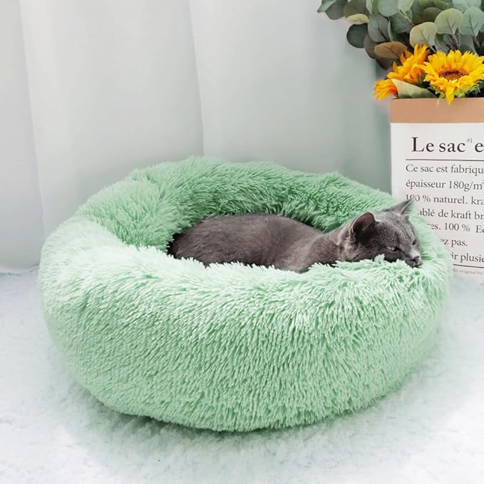 otoez Round Donut Dog Bed for Small Dogs, Washable Calming Dog Bed Cuddler Anti Anxiety Fluffy Dog Cat Bed with Non-Slip Waterproof Bottom (23.6", Green)