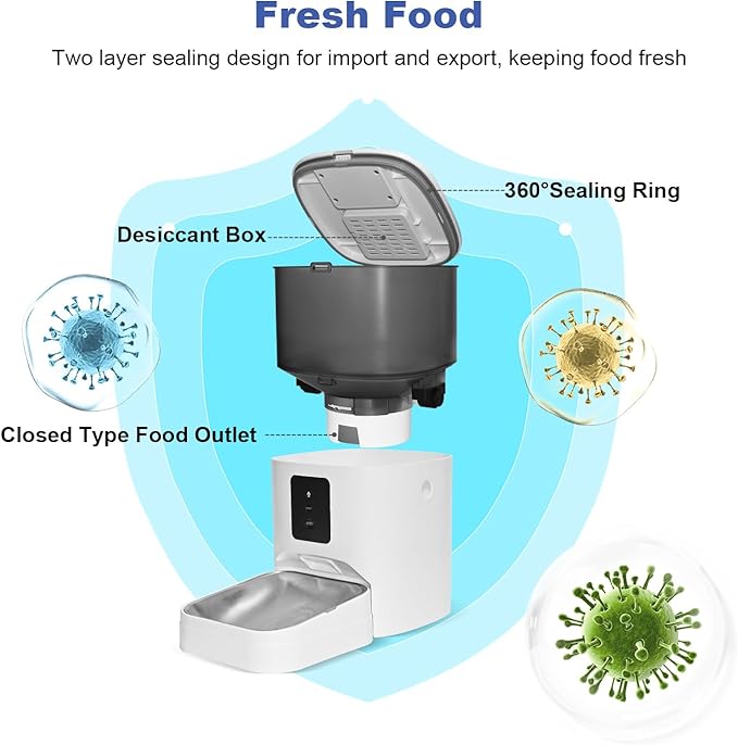 WiFi Automatic Cat Feeder, 4L Food Dispenser with 10s Voice Recorder, Pet Feeder up to 10 Meals per Day, Timed Cat Feeder with Dry Food Sealed Ring (White, 4L-WiFi)