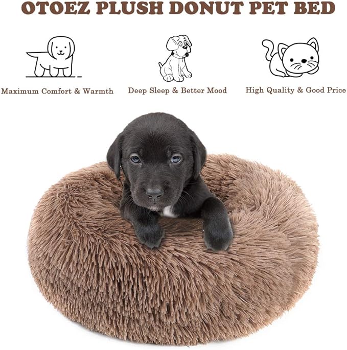 otoez Kitten Puppy Bed Extra Small XS Round Dog Cat Beds Anti Anxiety Plush Pet Calming Donut Bed with Non-Slip Waterproof Bottom, Washable (15.7", Khaki)