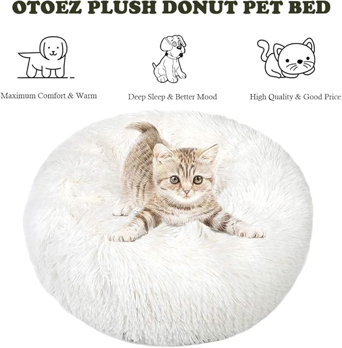otoez Kitten Puppy Bed Small Round Dog Cat Beds Anti Anxiety Plush Pet Calming Donut Bed with Non-Slip Waterproof Bottom, Washable (19.7", White)