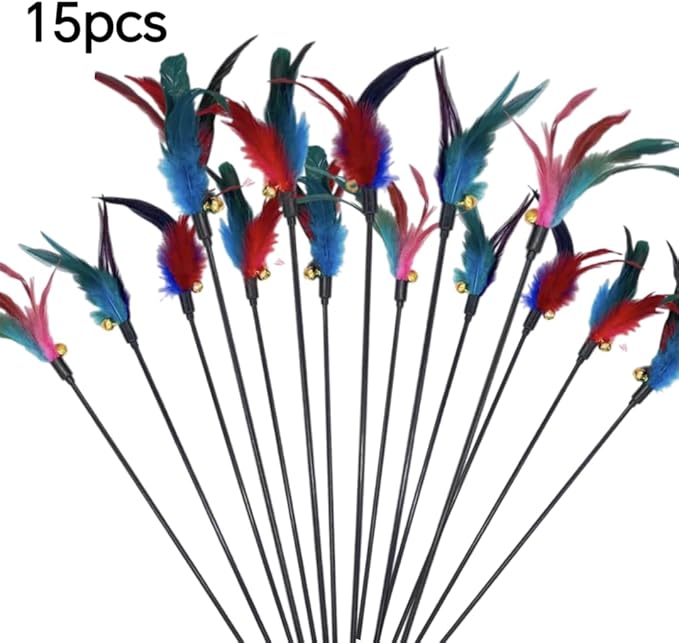 15-Pack Cat Feather Toys and Teaser Wand- Feather Toys for Cats,cat Feather Toy, cat Toys for Indoor Cats,Feather Stick cat Toy cat Teaser Wand - Feather Wand cat Toy