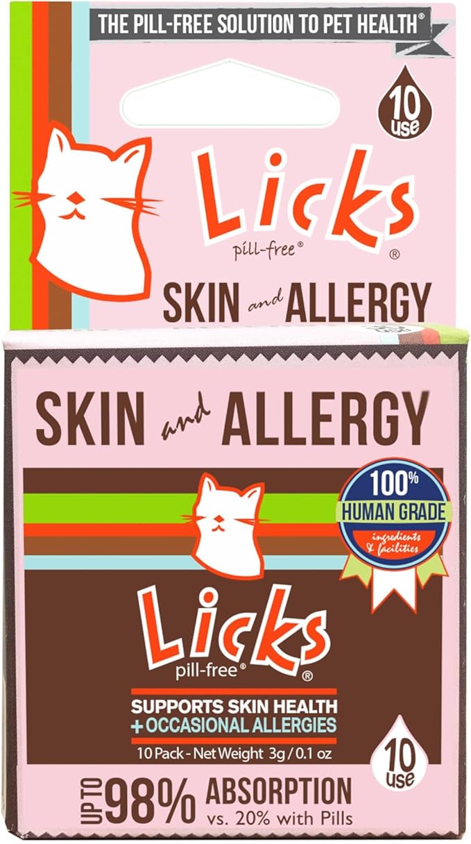 Licks Pill-Free Cat Skin and Allergy - Omega 3 Cat Allergy Relief - Cat Vitamins & Supplements for Itchy Skin - Turmeric Supplement for Cat Skin - Gel Packets - 10 Use