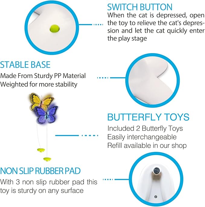 ALL FOR PAWS Interactive Cat Toy, Butter-Fly Cat Toys Interactive for Indoor Cats,Flutter Bug Cat Toys,Flutter Rotating Kitten Toys with 2 Replacements